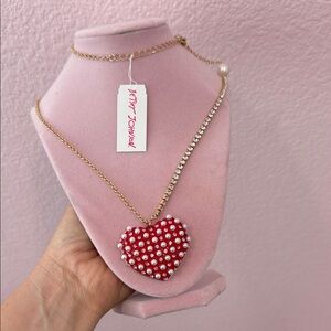 LONG Betsey Johnson Red Heart Pearl-Stud Pendant Necklace with Gold Chain